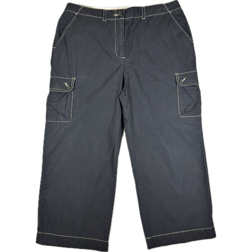 Lands' End Cargo Cropped Pants Women 10 Black Contrast Stitch Utility